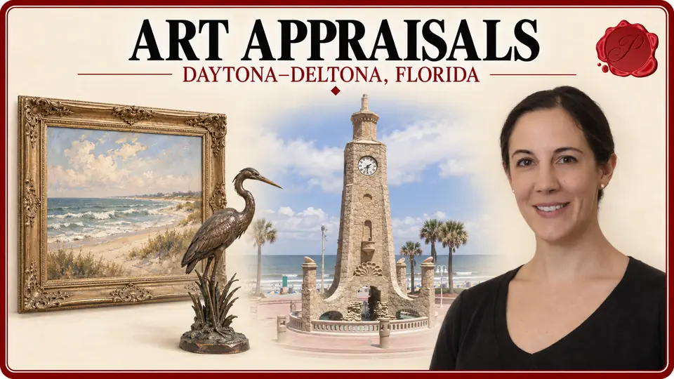 Daytona–Deltona, Florida appraisal card with a framed coastal oil painting and bronze heron sculpture, the Daytona Beach Clock Tower, and an appraiser portrait.
