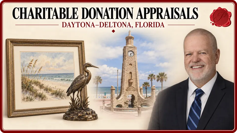Daytona–Deltona, Florida appraisal card with a framed coastal watercolor and bronze bird sculpture, the Daytona Beach Clock Tower, and an appraiser portrait.