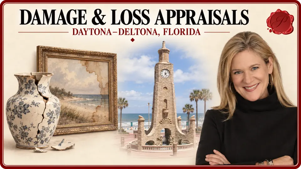 Daytona–Deltona, Florida appraisal card with a cracked ceramic vase and water-stained framed painting, the Daytona Beach Clock Tower, and an appraiser portrait.