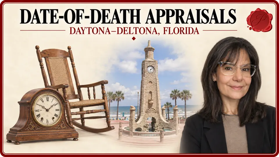 Daytona–Deltona, Florida appraisal card with an antique mantel clock and wooden rocking chair, the Daytona Beach Clock Tower, and an appraiser portrait.
