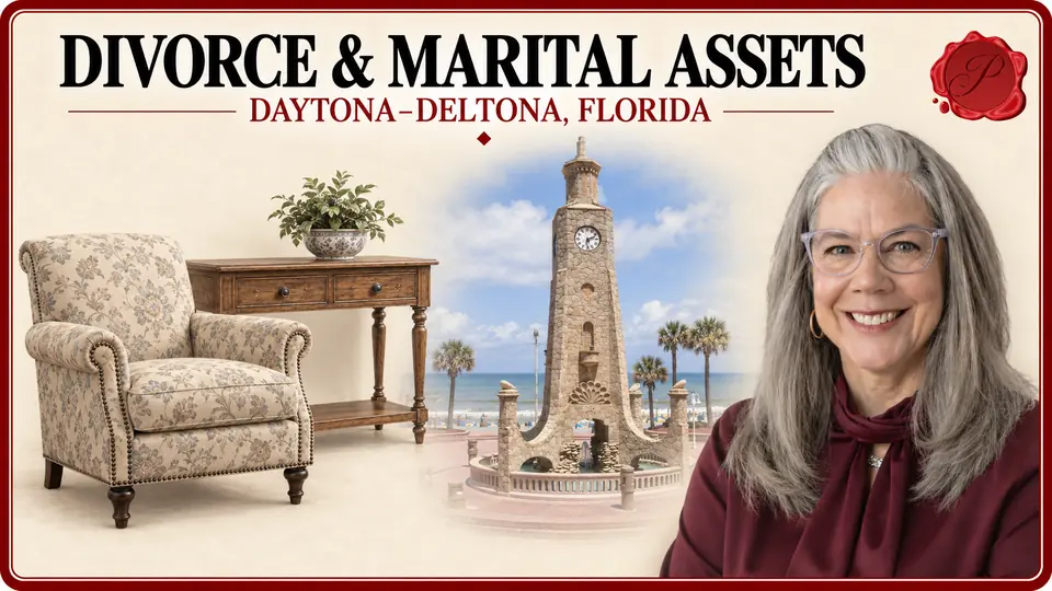 Daytona–Deltona, Florida appraisal card with an upholstered lounge chair and wooden console table, the Daytona Beach Clock Tower, and an appraiser portrait.