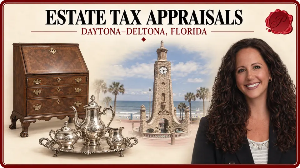 Daytona–Deltona, Florida appraisal card with an antique secretary desk and silver tea service, the Daytona Beach Clock Tower, and an appraiser portrait.