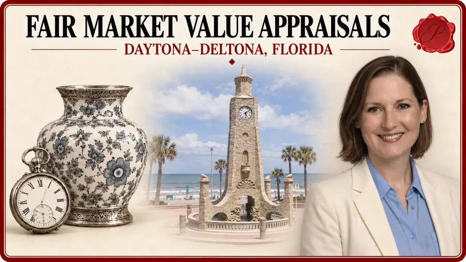 Fair market value appraisals in Daytona–Deltona, Florida, with an appraiser, pocket watch, ceramic vase and Daytona Beach Coquina Clock Tower.