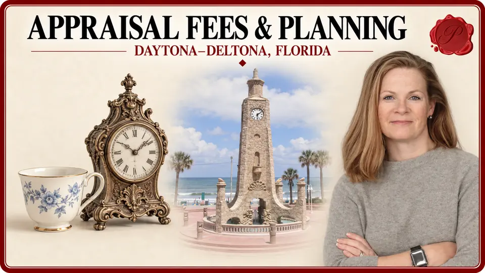 Daytona–Deltona, Florida appraisal card with a floral porcelain cup and ornate antique clock, the Daytona Beach Clock Tower, and an appraiser portrait.
