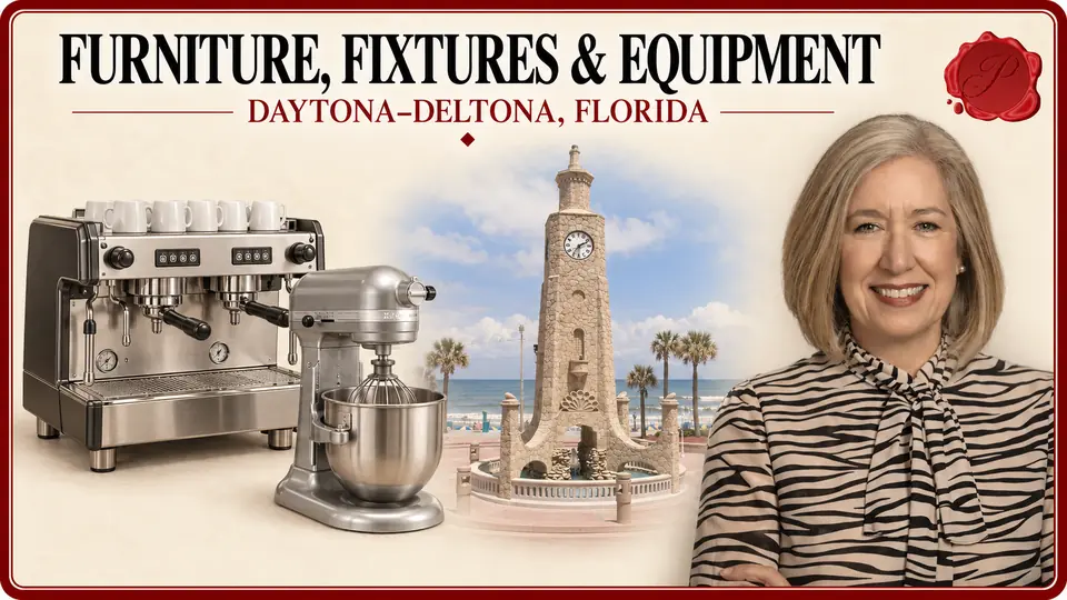 Daytona–Deltona, Florida appraisal card with a commercial espresso machine and stand mixer, the Daytona Beach Clock Tower, and an appraiser portrait.