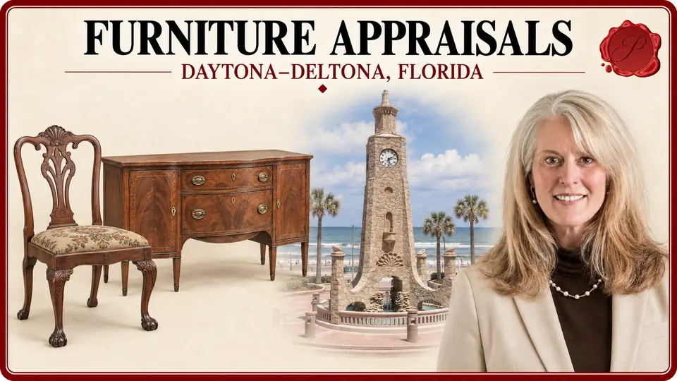 Daytona–Deltona, Florida appraisal card with an antique dining chair and wooden sideboard, the Daytona Beach Clock Tower, and an appraiser portrait.