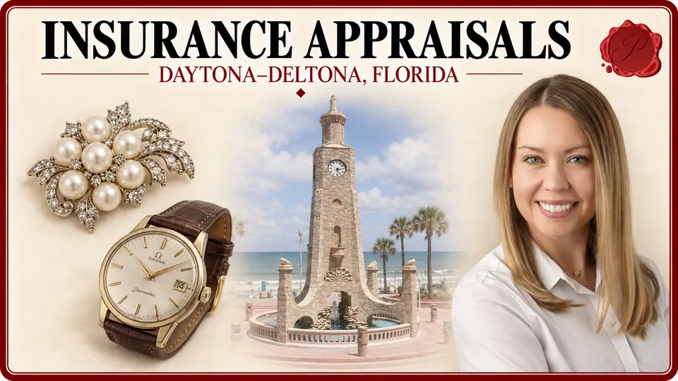 Daytona–Deltona, Florida appraisal card with a pearl brooch and vintage wristwatch with a leather strap, the Daytona Beach Clock Tower, and an appraiser portrait.