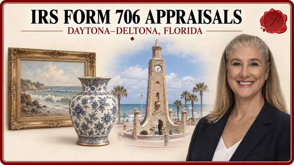 Daytona–Deltona, Florida appraisal card with a framed seascape painting and blue-and-white porcelain vase, the Daytona Beach Clock Tower, and an appraiser portrait.
