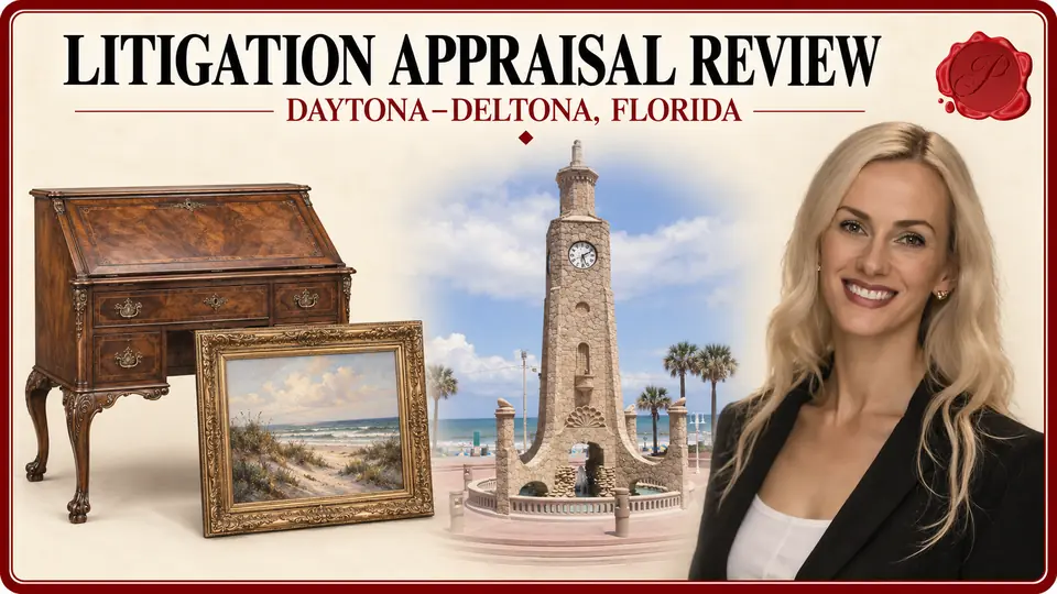 Daytona–Deltona, Florida appraisal card with an antique writing desk and framed landscape painting, the Daytona Beach Clock Tower, and an appraiser portrait.