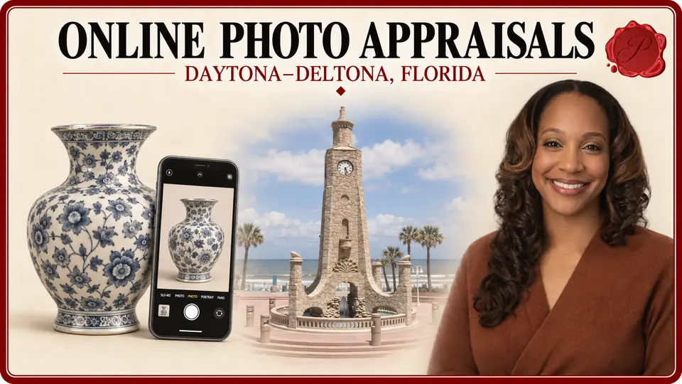 Daytona–Deltona, Florida appraisal card with a ceramic vase and smartphone displaying a photo of the vase, the Daytona Beach Clock Tower, and an appraiser portrait.