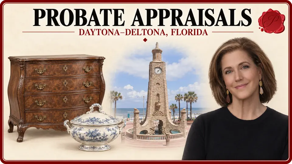 Daytona–Deltona, Florida appraisal card with an antique chest of drawers and covered porcelain tureen, the Daytona Beach Clock Tower, and an appraiser portrait.