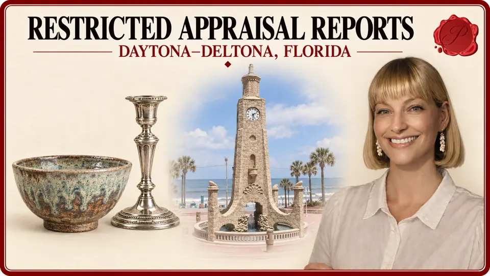 Daytona–Deltona, Florida appraisal card with a ceramic studio bowl and silver candlestick, the Daytona Beach Clock Tower, and an appraiser portrait.