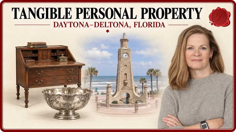 Tangible personal property in Daytona–Deltona, Florida, with an appraiser, wooden writing desk, silver serving bowl and Daytona Beach Coquina Clock Tower.