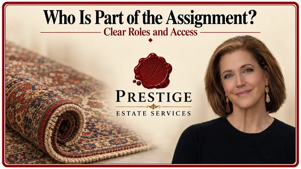 Divorce appraisal planning illustrated by an appraiser beside a partially rolled patterned wool rug.