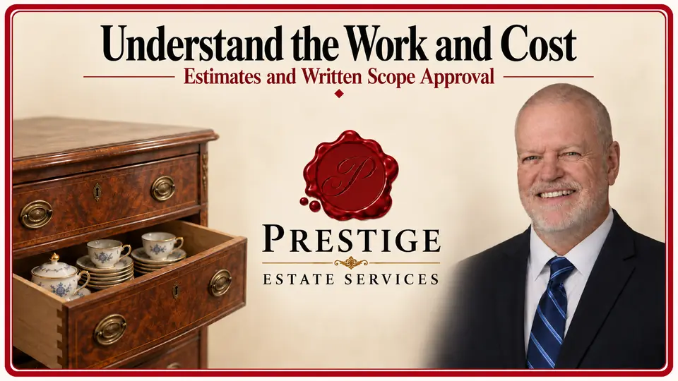 Appraisal scope and handling illustrated by an appraiser, antique chest of drawers and porcelain cups and saucers.