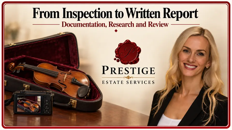 Personal property appraisal inspection illustrated by an appraiser, violin in an open case and digital camera.
