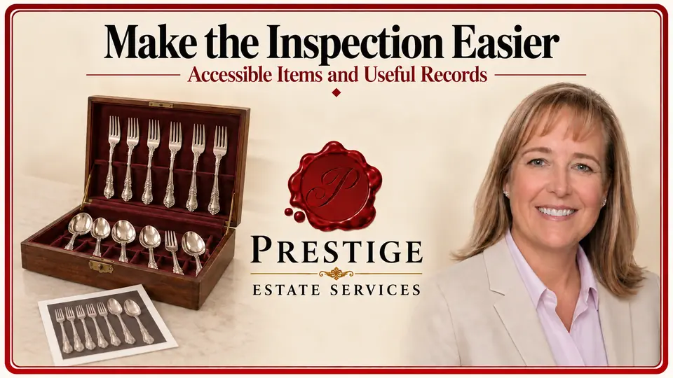 Preparing belongings for appraisal, with an appraiser, an open silver flatware box and a supporting photograph.