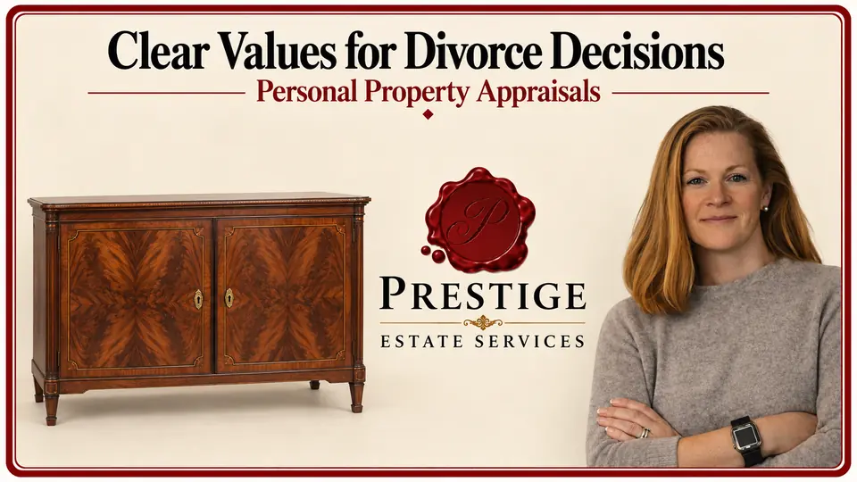 Personal property values for divorce illustrated by an appraiser beside an antique rosewood credenza.