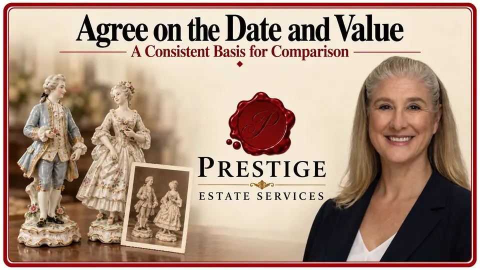 Valuation-date records illustrated by an appraiser, two porcelain figurines and a photograph of the same pieces.