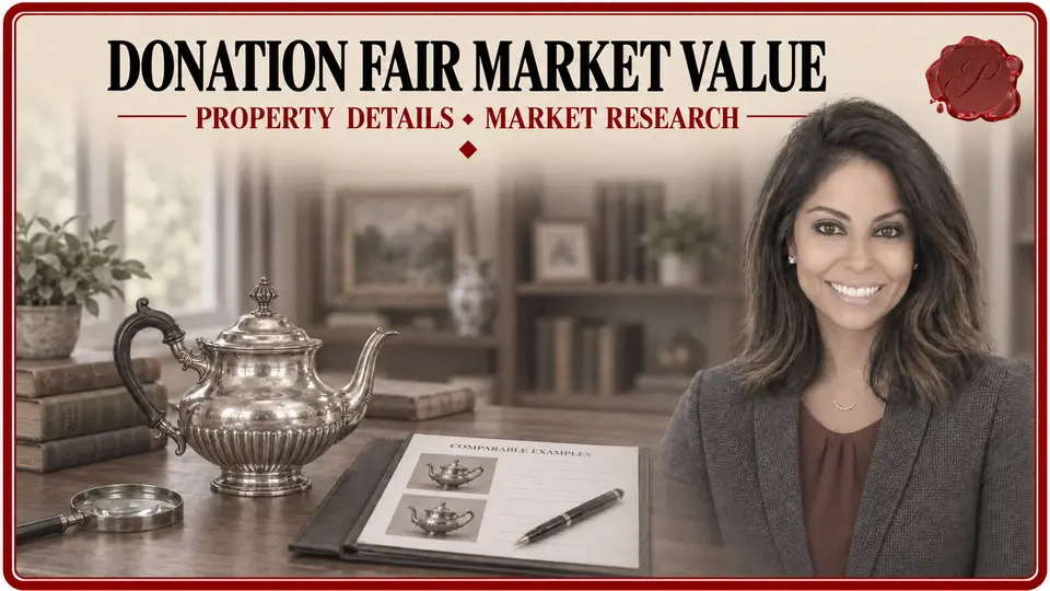 Appraiser beside a silver teapot, comparison photographs and research notes for a donation fair market value appraisal.