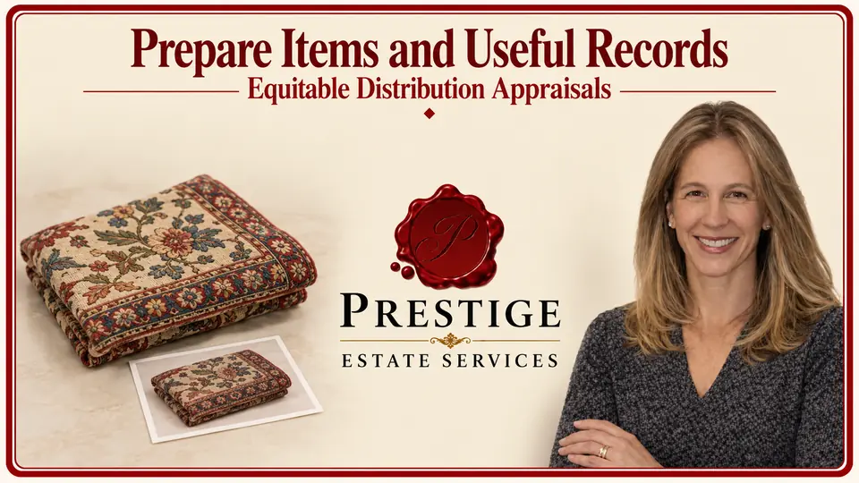 Equitable distribution appraisal illustrated by a folded patterned textile and matching photograph, an appraiser and the Prestige logo.