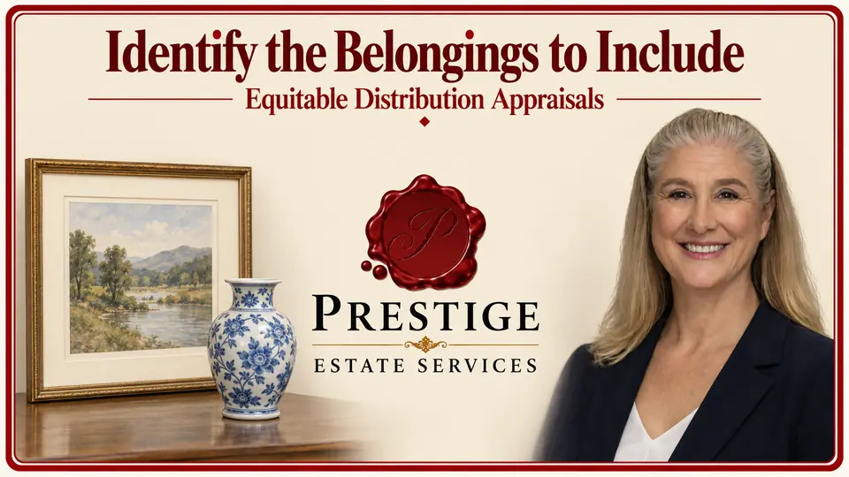 Equitable distribution appraisal illustrated by a framed landscape print and ceramic vase, an appraiser and the Prestige logo.