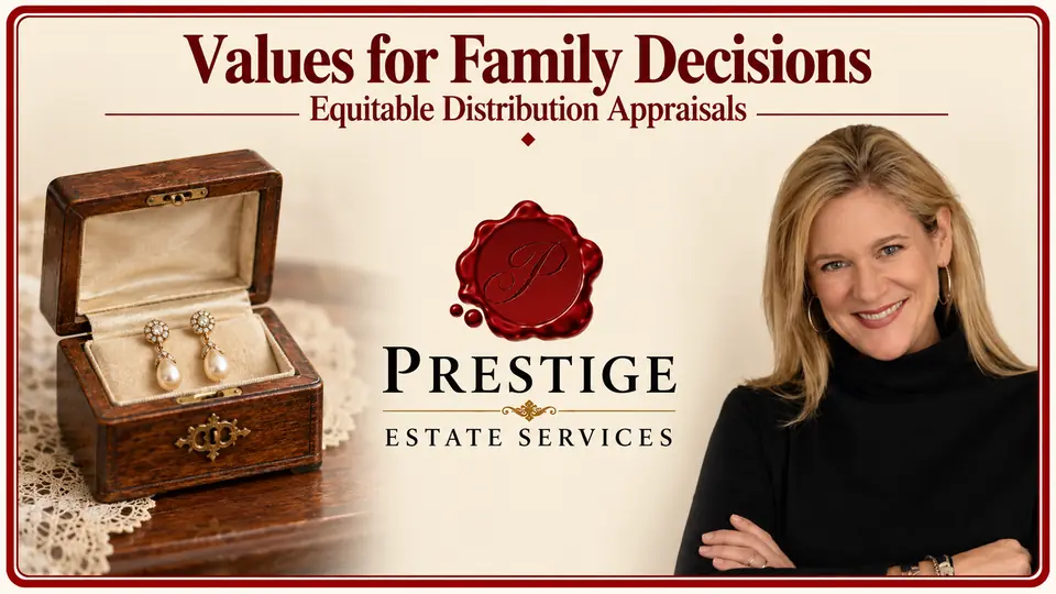 Equitable distribution appraisal illustrated by an open wooden jewelry box and earrings, an appraiser and the Prestige logo.