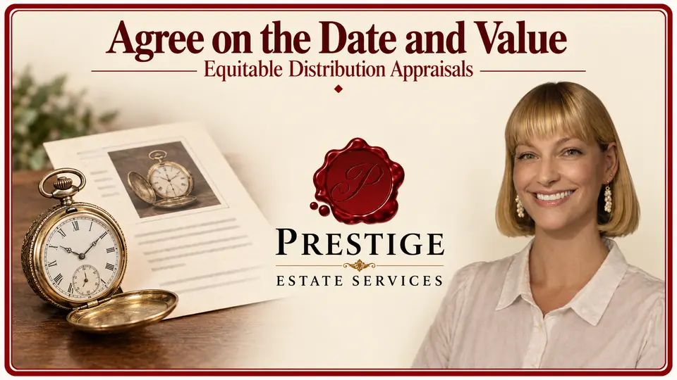 Equitable distribution appraisal illustrated by a pocket watch and matching research record, an appraiser and the Prestige logo.