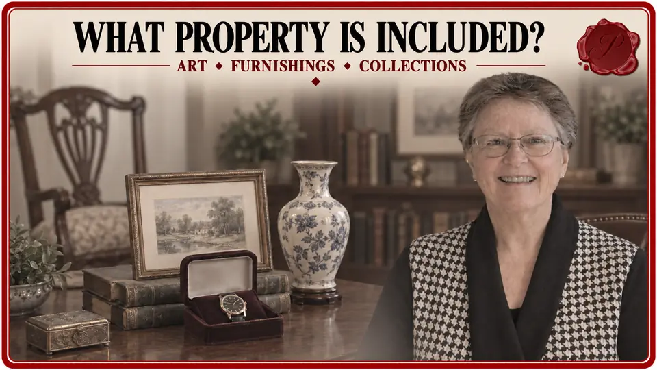 Appraiser beside an antique chair, watercolor, watch and porcelain vase for equitable distribution of personal property.