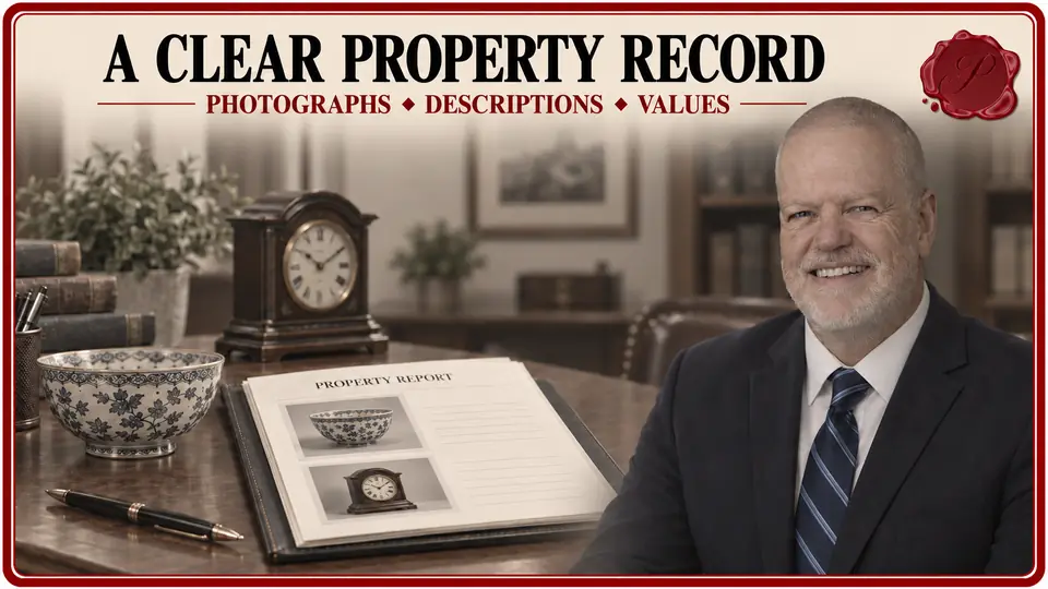 Appraiser beside a property report, ceramic bowl and mantel clock for an equitable distribution appraisal.