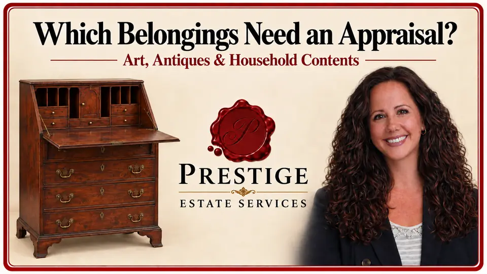 An antique writing secretary with its fall-front open illustrates household contents for an estate tax appraisal.