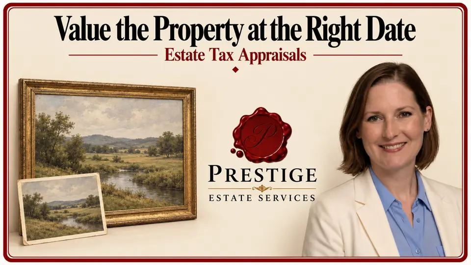 A framed landscape painting and earlier photograph illustrate records for an estate tax valuation date.