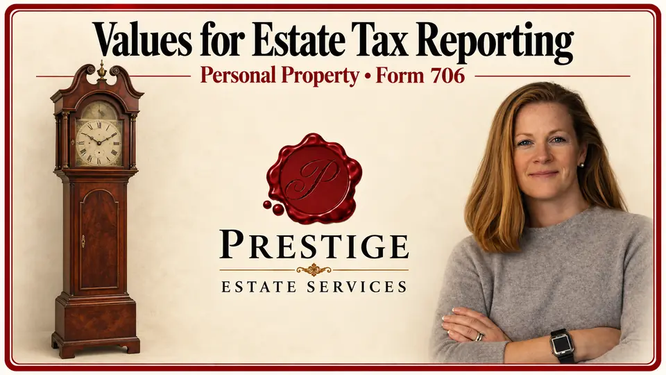 Estate tax reporting illustrated by a mahogany tallcase clock, company logo and appraiser.