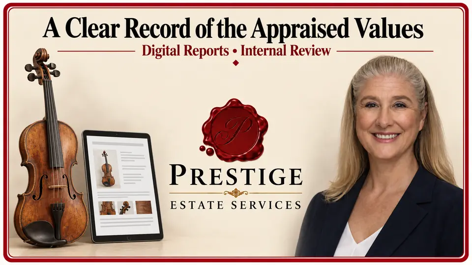 A violin and matching report thumbnail illustrate a digital personal property appraisal report.