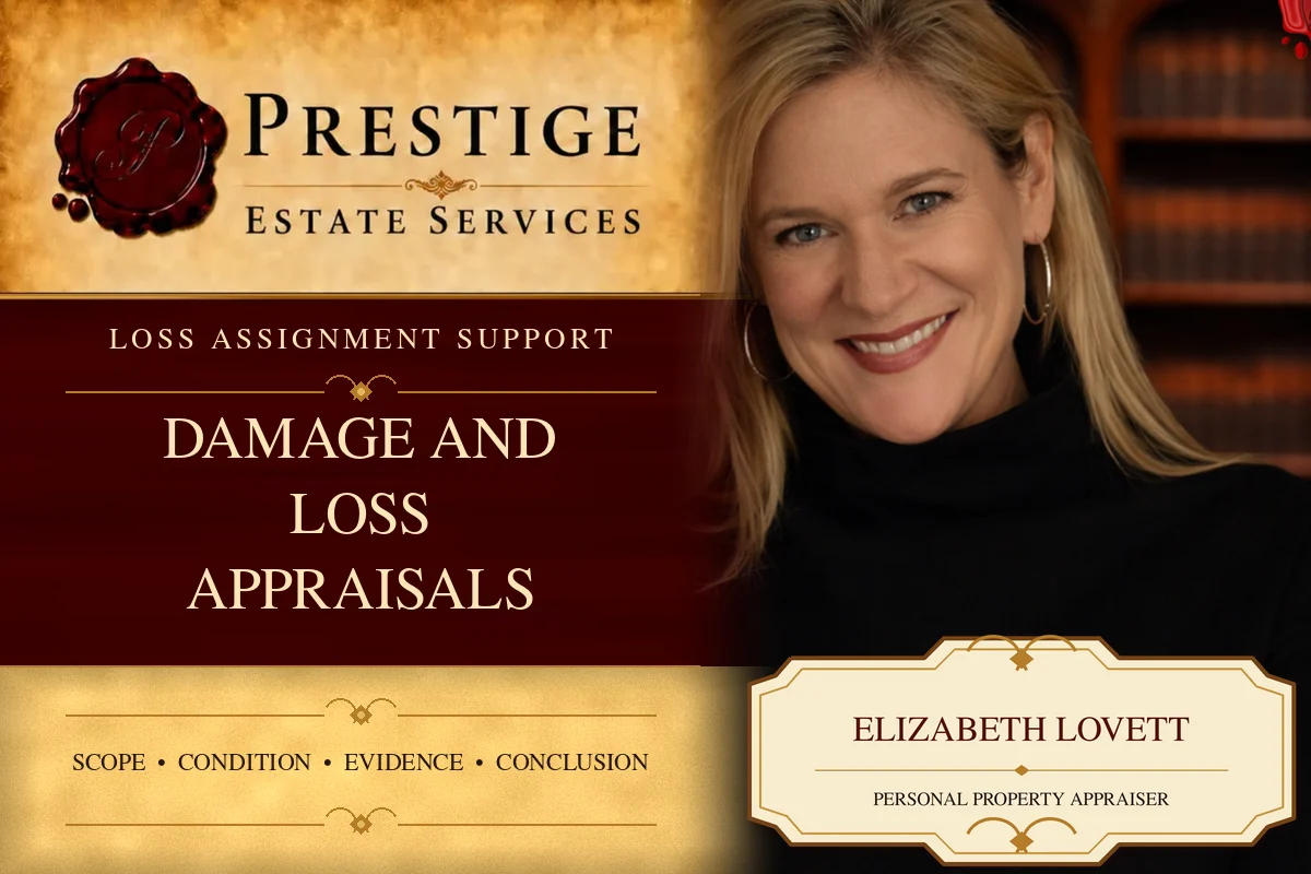 Elizabeth Lovett on the Prestige Estate Services damage and loss appraisals appraisal card.