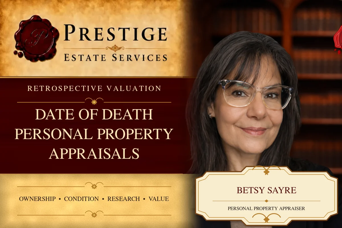 Betsy Sayre on the Prestige Estate Services date of death personal property appraisals appraisal card.