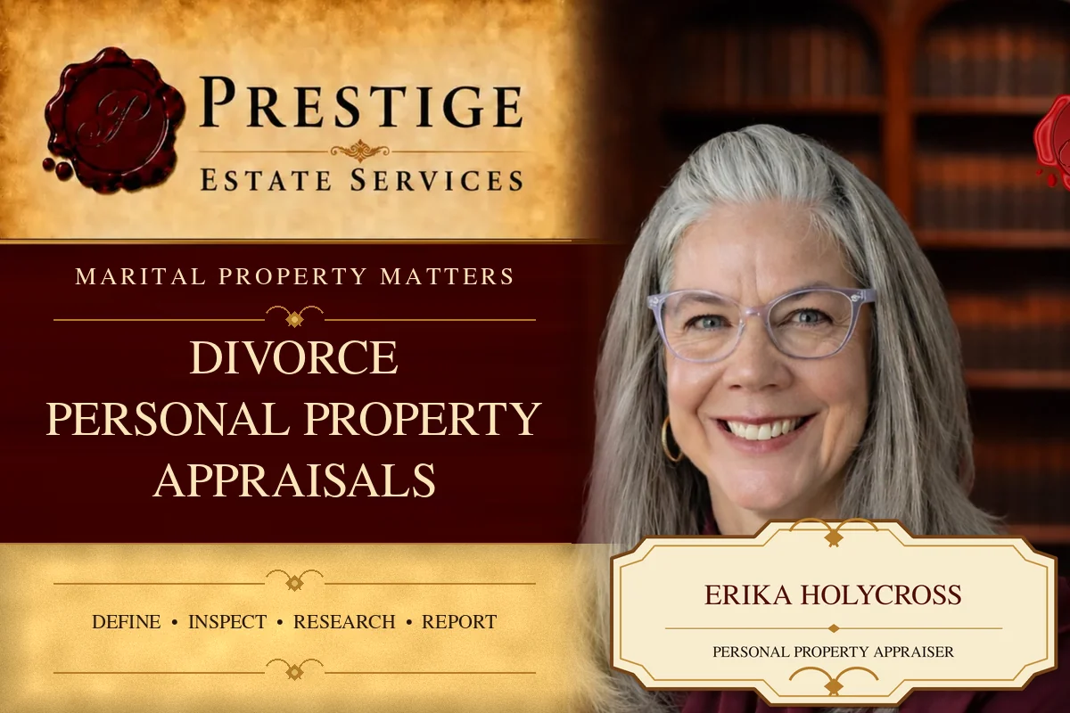 Erika Holycross on the Prestige Estate Services divorce personal property appraisals appraisal card.