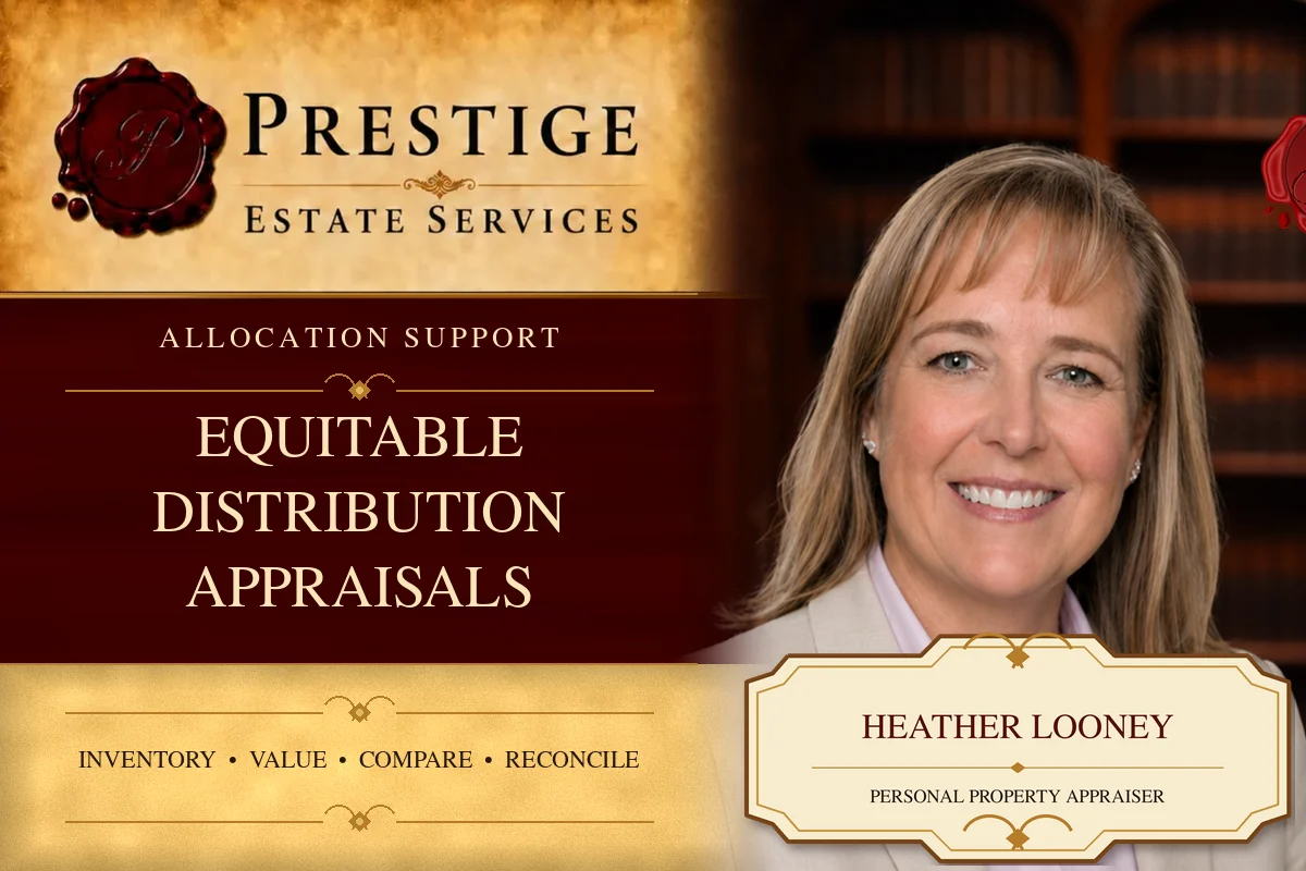 Heather Looney on the Prestige Estate Services equitable distribution appraisals appraisal card.