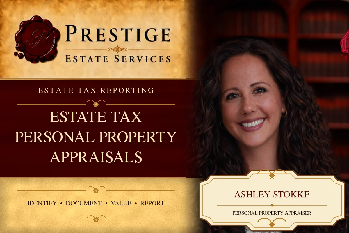 Ashley Stokke on the Prestige Estate Services estate tax personal property appraisals appraisal card.