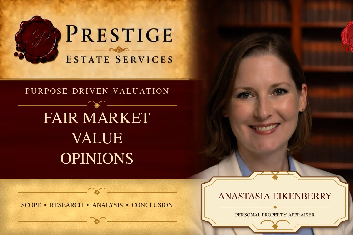 Anastasia Eikenberry on the Prestige Estate Services fair market value opinions appraisal card.