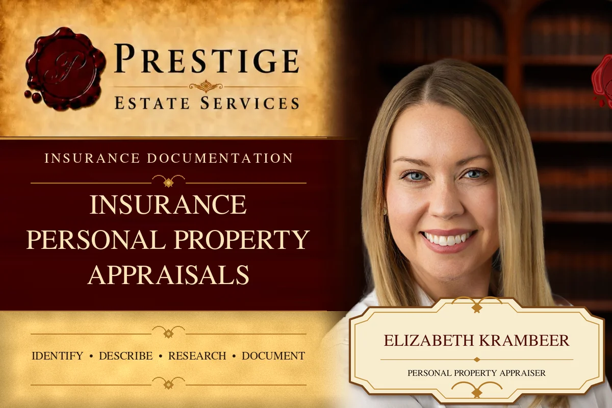 Elizabeth Krambeer on the Prestige Estate Services insurance personal property appraisals appraisal card.