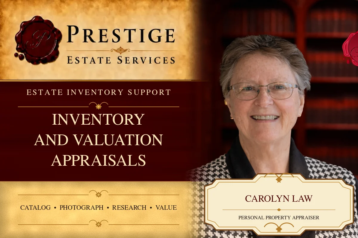 Carolyn Law on the Prestige Estate Services inventory and valuation appraisals appraisal card.