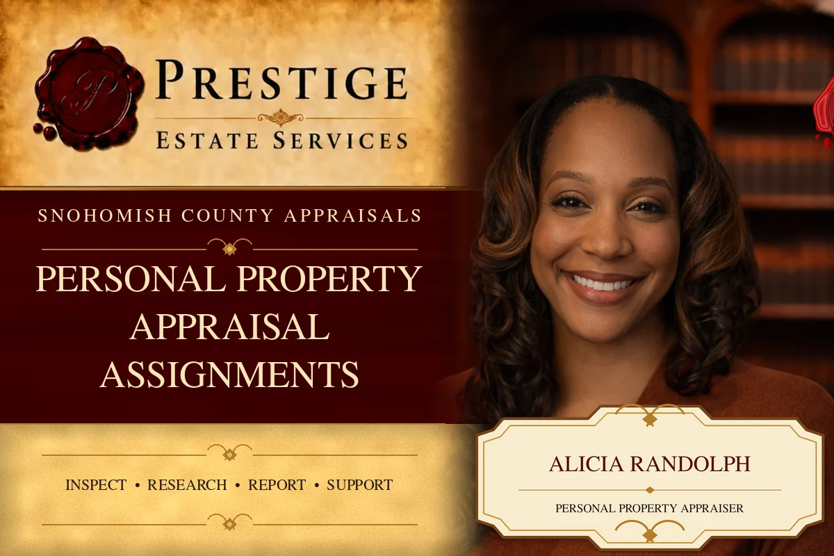 Alicia Randolph on the Prestige Estate Services personal property appraisal assignments appraisal card.