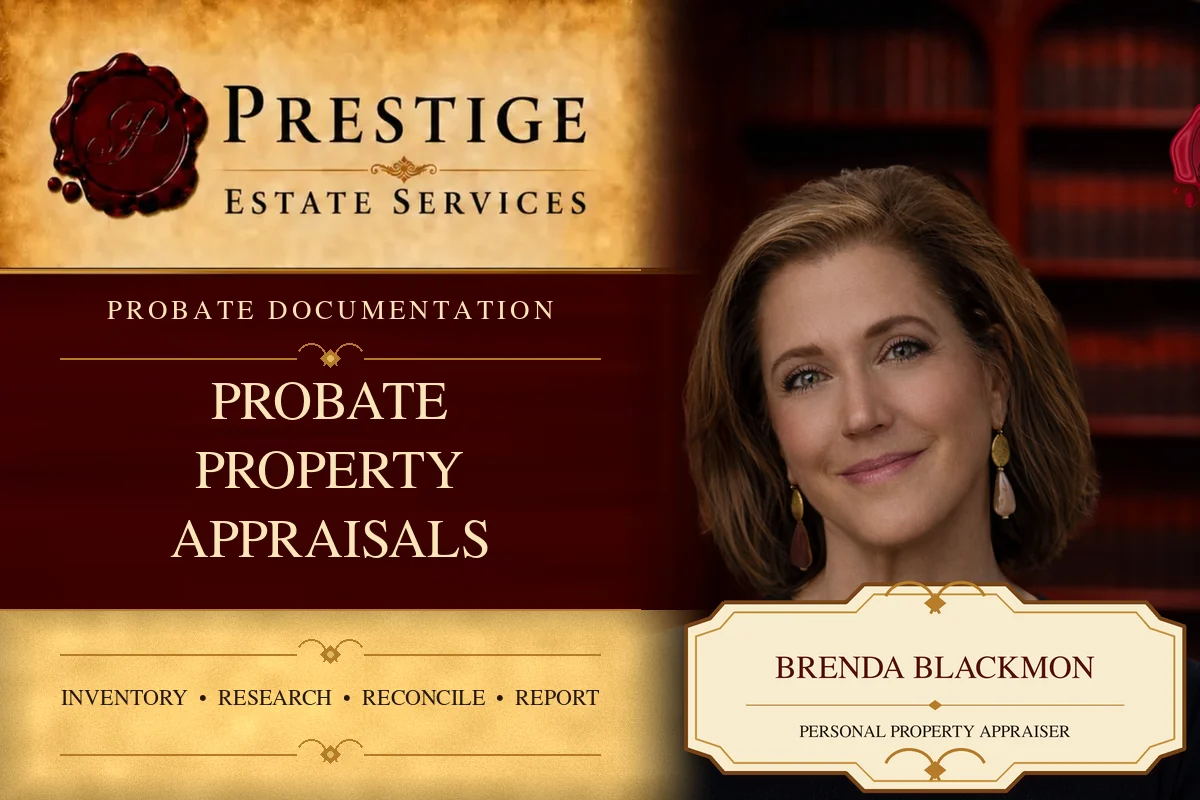 Brenda Blackmon on the Prestige Estate Services probate property appraisals appraisal card.
