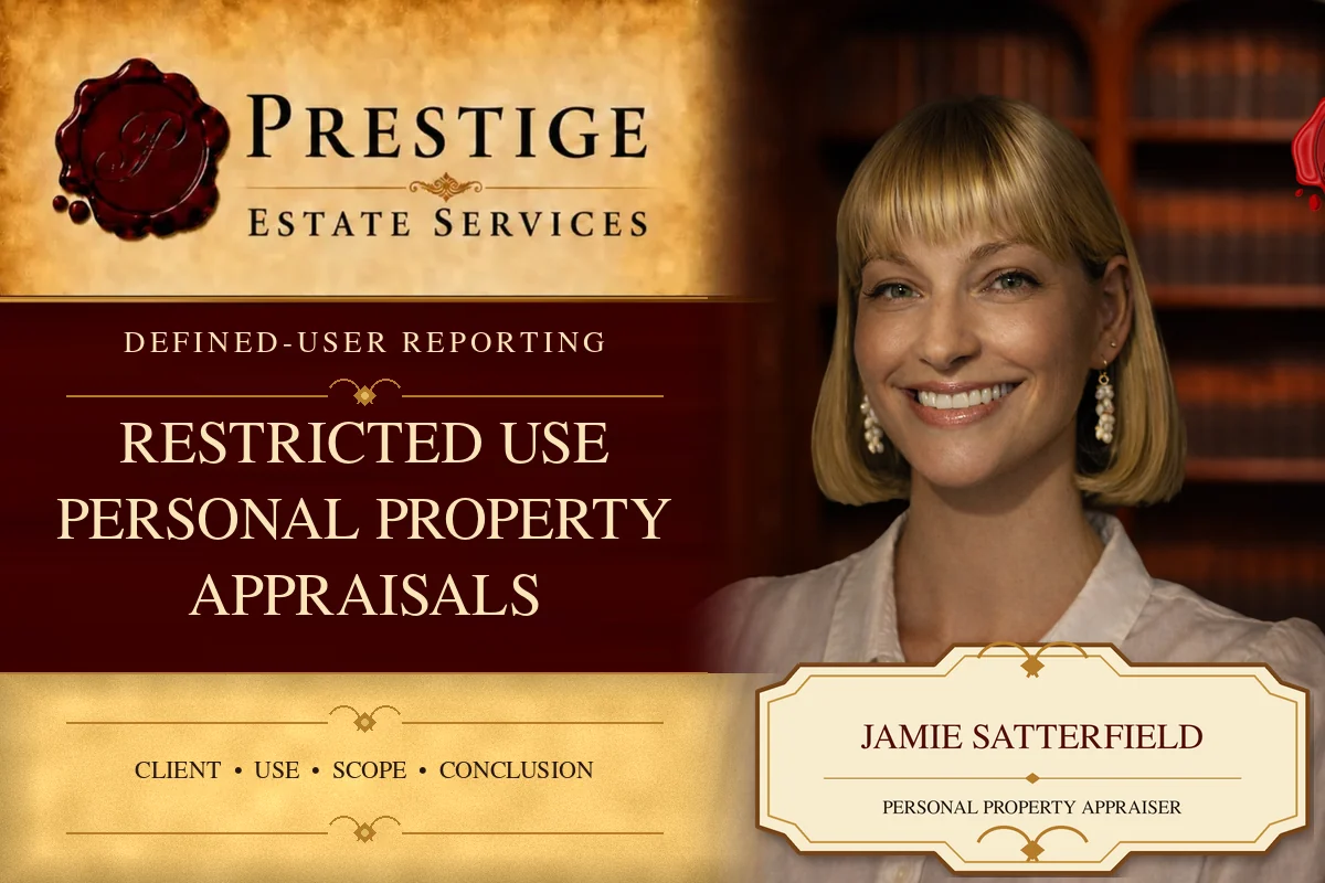 Jamie Satterfield on the Prestige Estate Services restricted use personal property appraisals appraisal card.