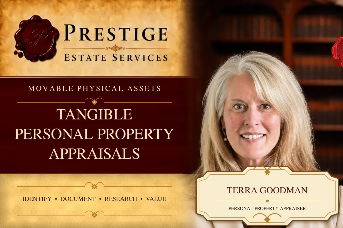 Terra Goodman on the Prestige Estate Services tangible personal property appraisal card.