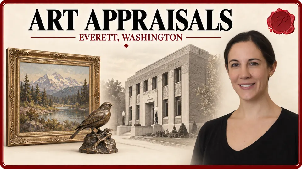 Art appraisals in Everett, Washington, illustrated by a framed mountain landscape painting, bronze bird sculpture, an appraiser and Historic City Hall.