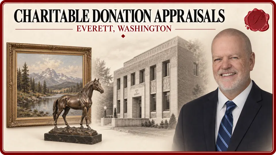 Charitable donation appraisals in Everett, Washington, illustrated by a framed landscape painting, bronze horse sculpture, an appraiser and Historic City Hall.