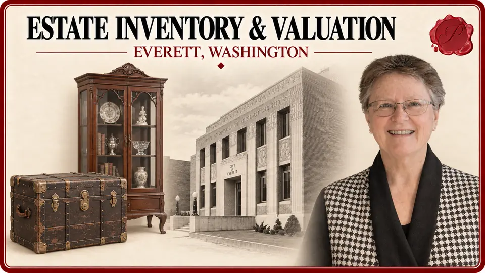 Estate inventory and valuation in Everett, Washington, with a steamer trunk, display cabinet holding household objects, an appraiser and Historic City Hall.