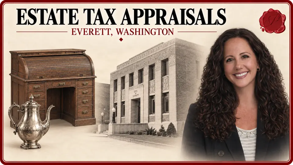 Estate tax appraisals in Everett, Washington, with a walnut roll-top desk, silver coffee pot, an appraiser and Historic City Hall.